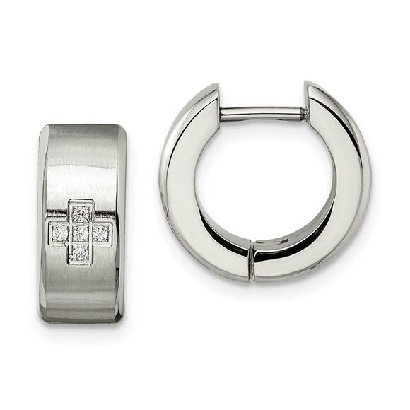 Stainless Steel CZ Cross Hinged Round Hoop Earrings 6 x 12mm